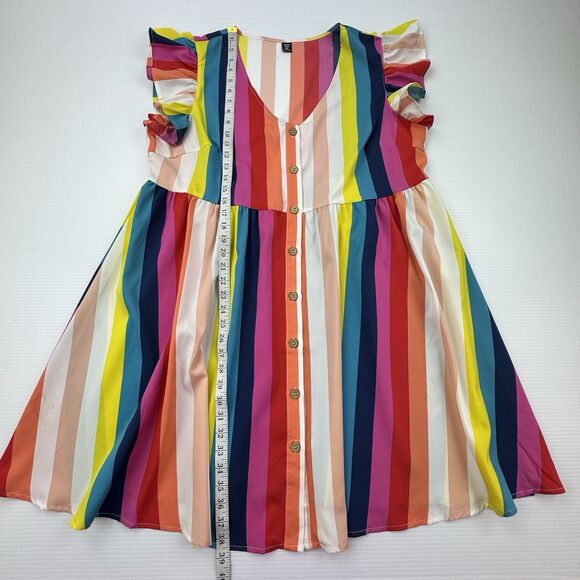 Rainbow Striped Dress Size 2X Button Front Ruffle Sleeve Boho Retro Festival - Picture 6 of 12